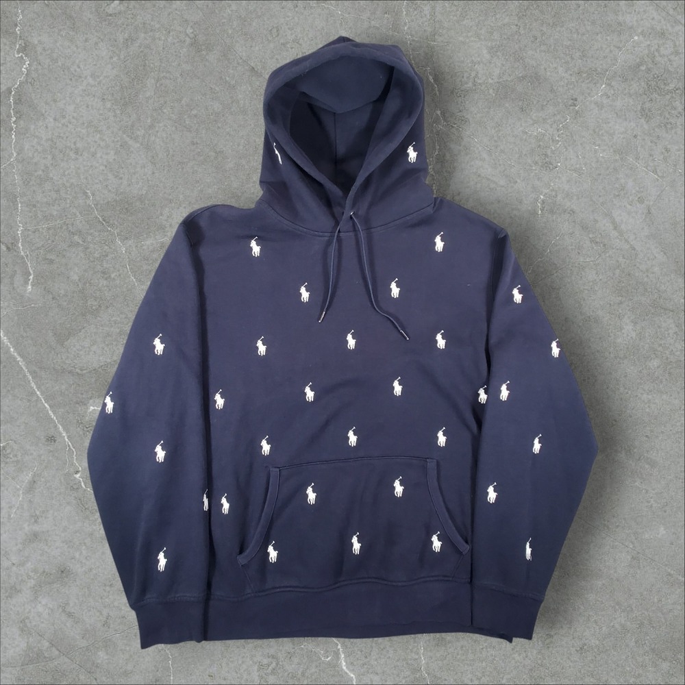 Polo Ralph Lauren Hoodie Mens XL Navy Blue All Over Embroidered Pony Pullover
